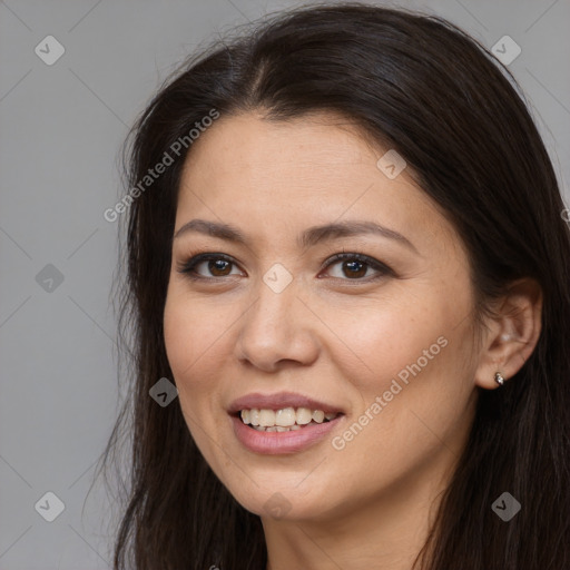Joyful white young-adult female with long  brown hair and brown eyes