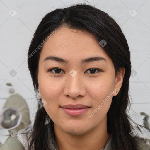 Joyful asian young-adult female with long  brown hair and brown eyes