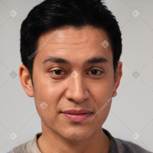 Joyful latino young-adult male with short  black hair and brown eyes