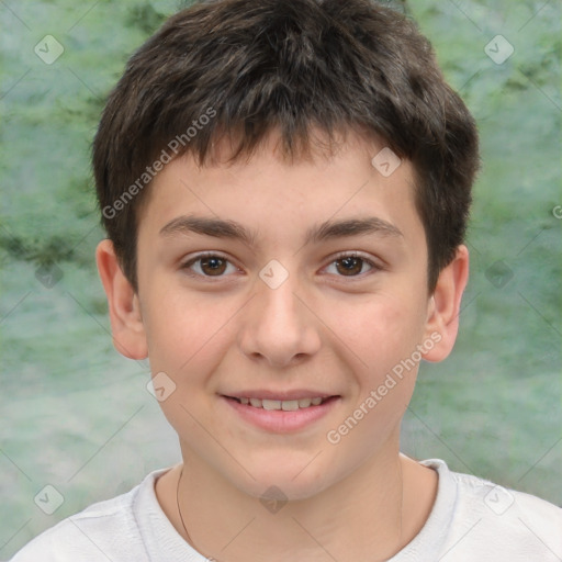 Joyful white child male with short  brown hair and brown eyes