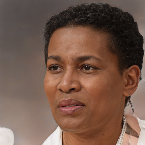 Joyful black adult female with short  brown hair and brown eyes