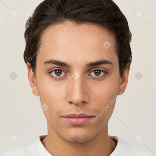 Neutral white young-adult male with short  brown hair and brown eyes