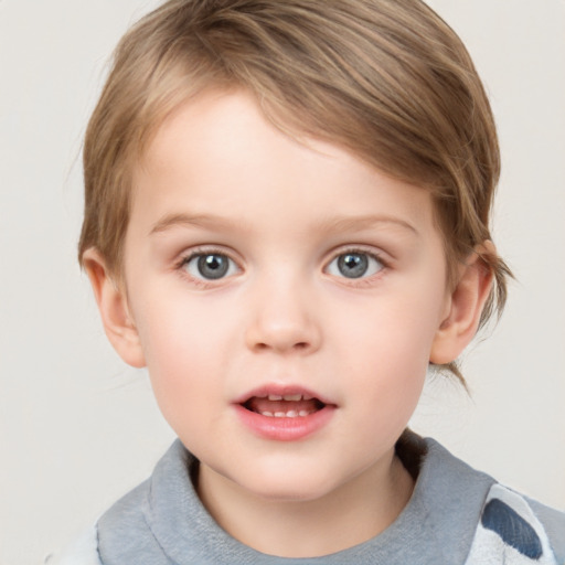 Neutral white child female with medium  brown hair and blue eyes