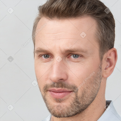 Neutral white adult male with short  brown hair and brown eyes