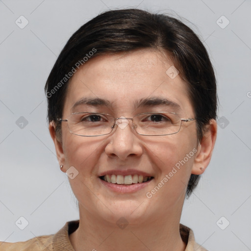 Joyful white adult female with short  brown hair and brown eyes