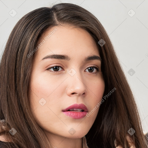 Neutral white young-adult female with long  brown hair and brown eyes