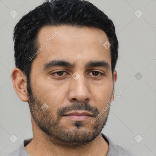 Neutral asian young-adult male with short  black hair and brown eyes