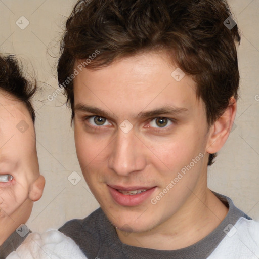 Joyful white young-adult male with medium  brown hair and brown eyes