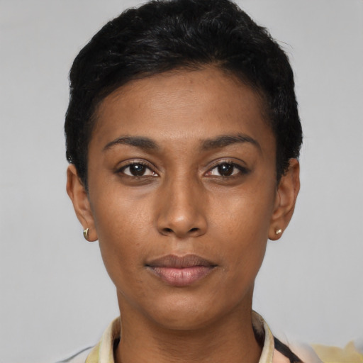 Neutral black young-adult female with short  black hair and brown eyes