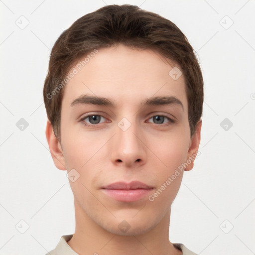 Neutral white young-adult male with short  brown hair and brown eyes