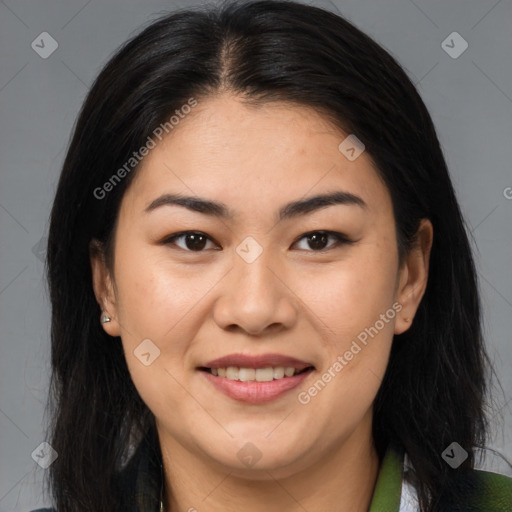 Joyful asian young-adult female with medium  brown hair and brown eyes