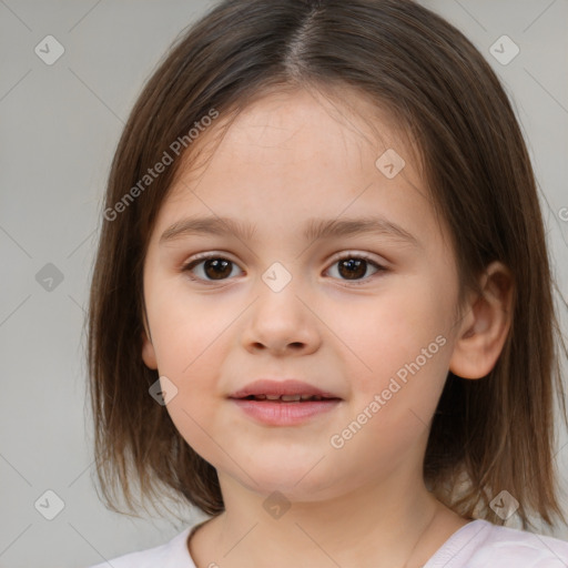 Joyful white child female with medium  brown hair and brown eyes