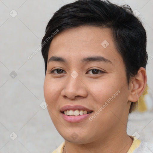 Joyful asian young-adult female with short  brown hair and brown eyes