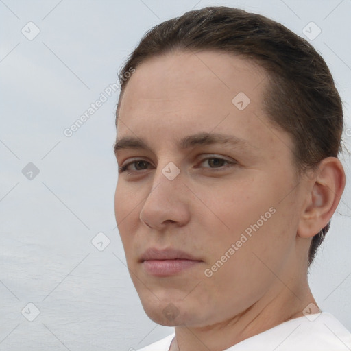 Neutral white young-adult female with short  brown hair and brown eyes