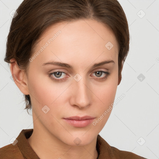 Neutral white young-adult female with medium  brown hair and grey eyes