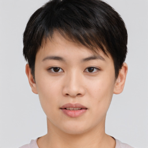 Neutral asian young-adult female with short  brown hair and brown eyes