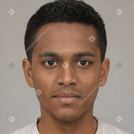 Neutral latino young-adult male with short  brown hair and brown eyes