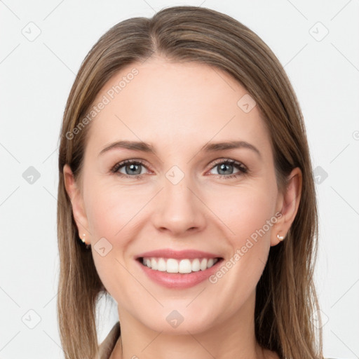 Joyful white young-adult female with long  brown hair and grey eyes