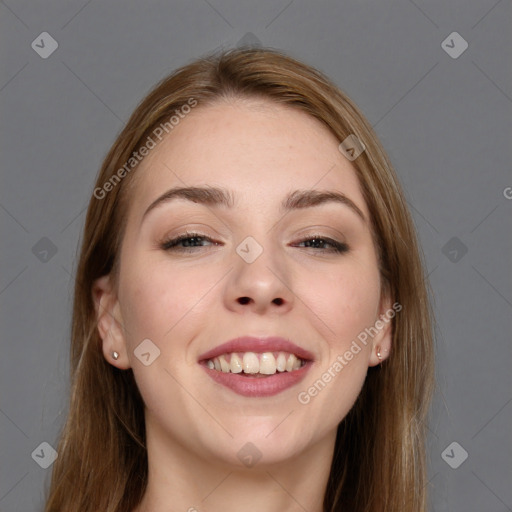 Joyful white young-adult female with long  brown hair and grey eyes