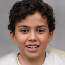 Joyful white child female with short  brown hair and brown eyes