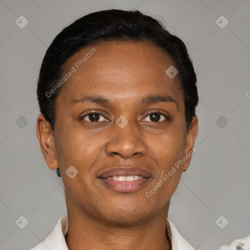 Joyful black young-adult female with short  black hair and brown eyes
