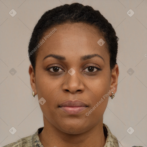 Neutral black young-adult female with short  brown hair and brown eyes