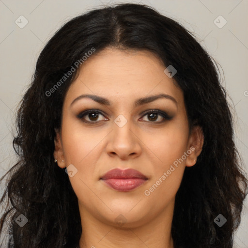 Joyful latino young-adult female with long  brown hair and brown eyes