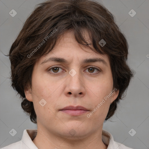 Neutral white young-adult female with medium  brown hair and brown eyes