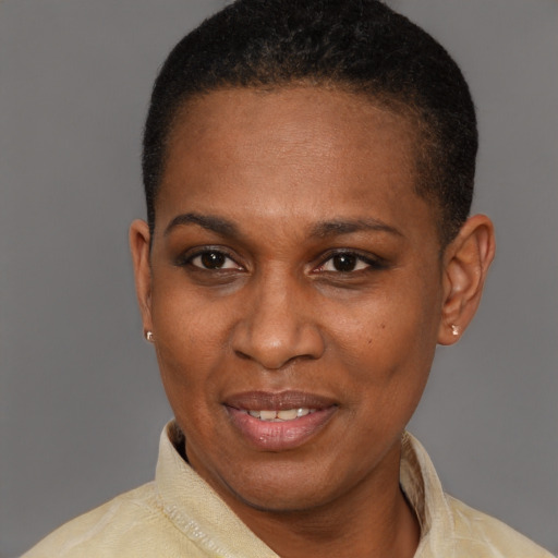 Joyful latino adult female with short  brown hair and brown eyes