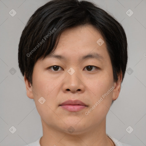 Neutral asian young-adult male with short  brown hair and brown eyes