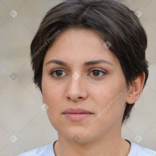 Neutral white young-adult female with short  brown hair and brown eyes