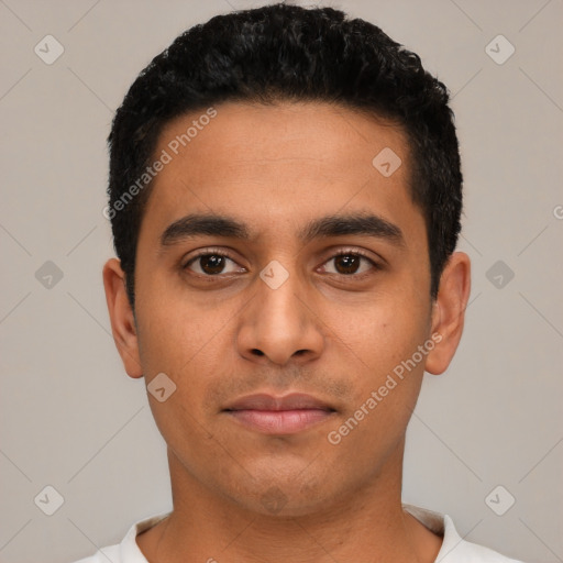 Neutral latino young-adult male with short  black hair and brown eyes