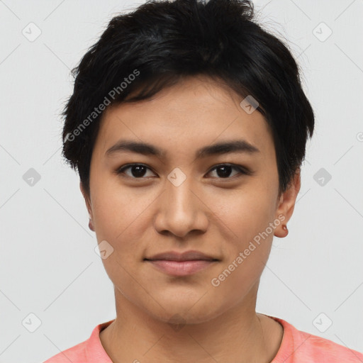 Joyful asian young-adult female with short  black hair and brown eyes