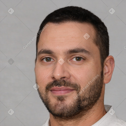 Neutral white young-adult male with short  black hair and brown eyes