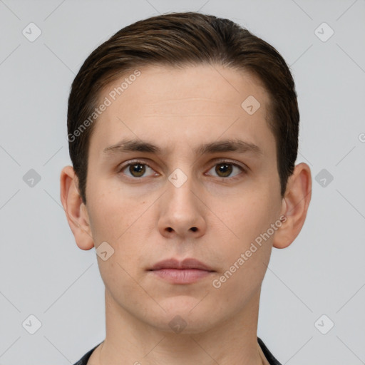 Neutral white young-adult male with short  brown hair and brown eyes