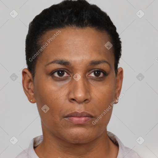 Neutral black young-adult female with short  black hair and brown eyes