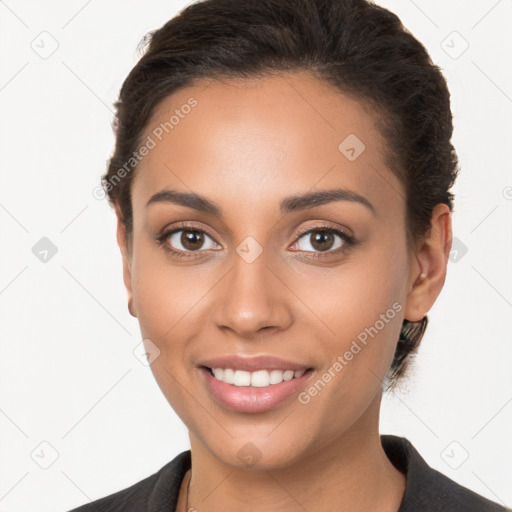 Joyful white young-adult female with long  brown hair and brown eyes