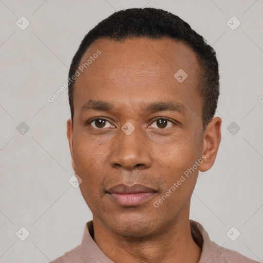 Neutral latino adult male with short  black hair and brown eyes