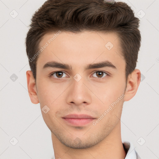 Neutral white young-adult male with short  brown hair and brown eyes