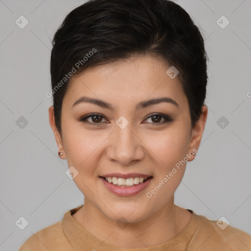 Joyful asian young-adult female with short  brown hair and brown eyes