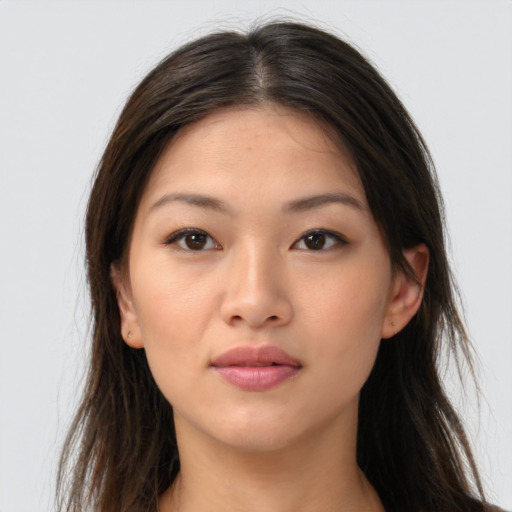 Neutral asian young-adult female with long  brown hair and brown eyes