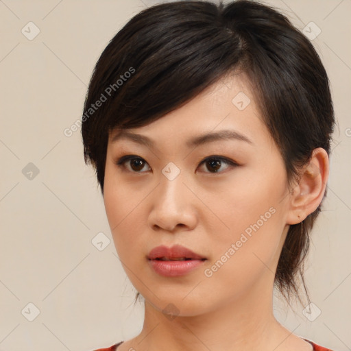 Neutral asian young-adult female with medium  brown hair and brown eyes