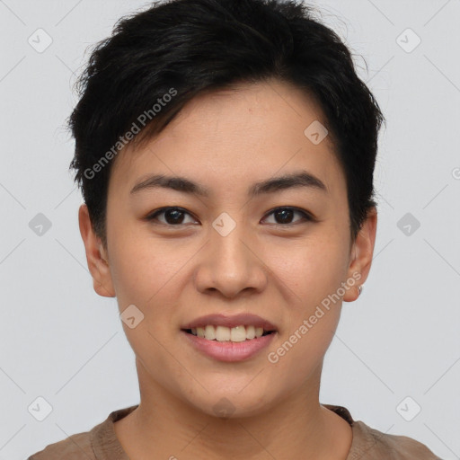 Joyful asian young-adult female with short  brown hair and brown eyes