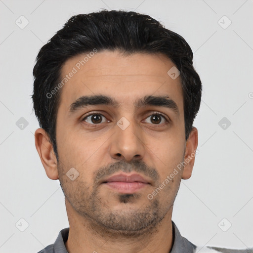 Neutral latino young-adult male with short  black hair and brown eyes