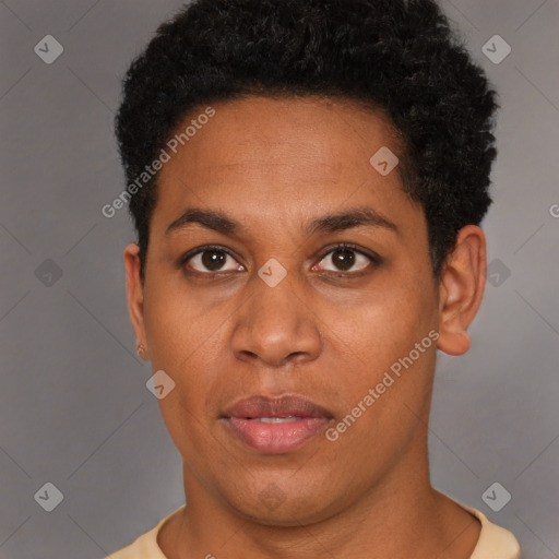 Neutral black young-adult female with short  black hair and brown eyes