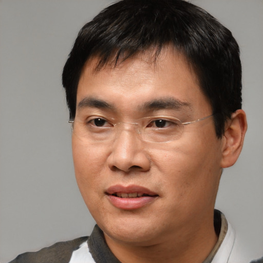Joyful asian adult male with short  brown hair and brown eyes
