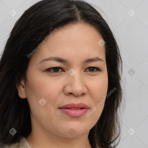 Joyful asian young-adult female with long  brown hair and brown eyes