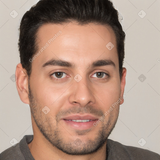 Joyful white young-adult male with short  brown hair and brown eyes