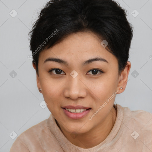 Joyful asian young-adult female with short  brown hair and brown eyes