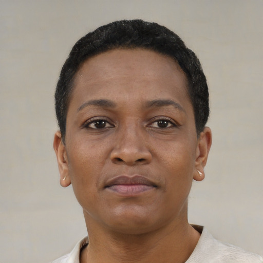 Neutral black adult female with short  black hair and brown eyes